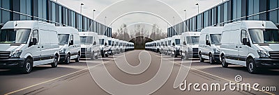 Delivery vans are parked in rows. Commercial fleet. Stock Photo