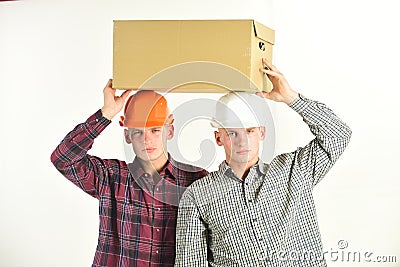 Delivery, warehouse and parcel concept. Men with serious faces Stock Photo