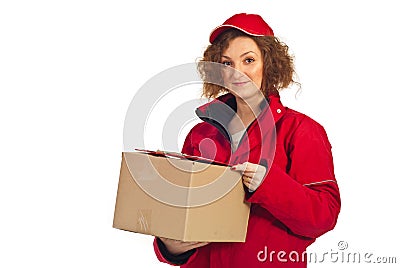 Delivery woman carrying box Stock Photo