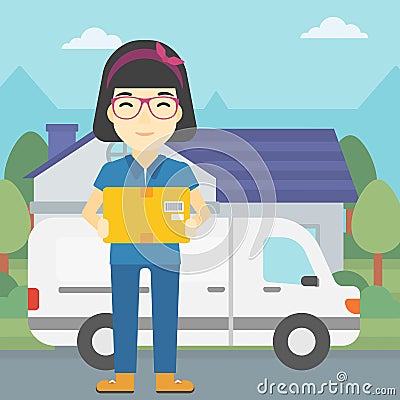 Delivery woman carrying cardboard boxes. Vector Illustration