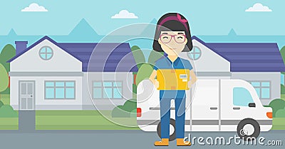 Delivery woman carrying cardboard boxes. Vector Illustration