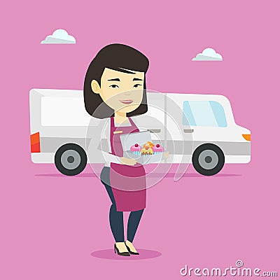 Delivery woman holding a box of cakes. Vector Illustration