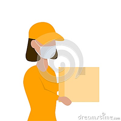 Delivery woman with a parcel in her hands in face mask Vector Illustration