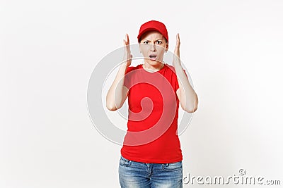 Delivery woman in red uniform isolated on white background. Professional shocked female in cap, t-shirt, jeans working Stock Photo