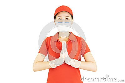 Delivery woman in red uniform Raise hands to welcome and service isolated on white background.Courier in protective mask and Stock Photo