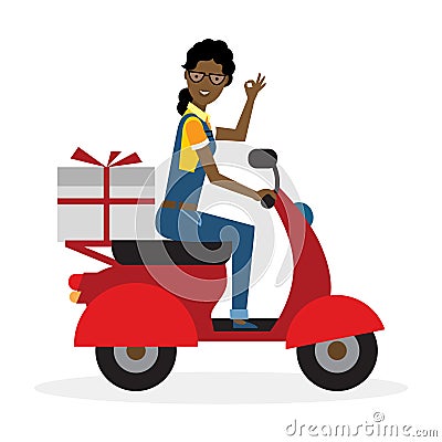 Delivery woman on scooter. Vector Illustration