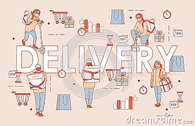 Delivery word vector cartoon outline poster design. People in medical masks deliver goods or food. Vector Illustration