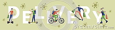 Delivery word vector flat banner concept. People deliver food and goods by modern city transport. Vector Illustration