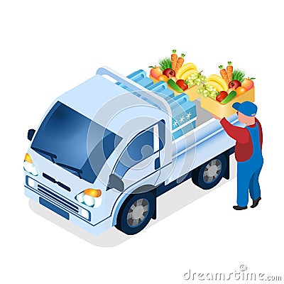 Delivery Worker Loading Box Isometric Illustration Vector Illustration