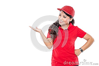 Delivery young asian woman presenting Stock Photo