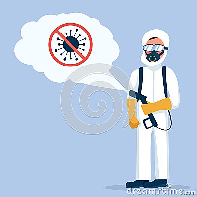 Man in hazmat. Protective suit, gas mask and gas cylinder for disinfection coronavirus COVID-19. Toxic and chemicals protection Vector Illustration