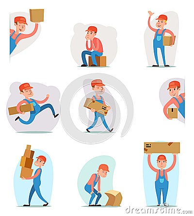 Deliveryman Cargo Freight Box Loading Delivery Shipment Loader Character Icon Cartoon Design Template Vector Vector Illustration