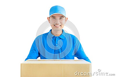 Deliveryman carrying a cardboard parcel box Stock Photo