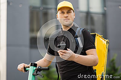 Deliveryman worker employee deliver online order client customer. Stock Photo