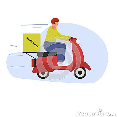 Deliveryman. A young European on a scooter delivers courier orders. Fast food delivery service. Flat vector illustration Vector Illustration