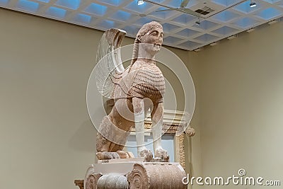 Delphi, Greece 11 August 2022. Sphinx of Naxos in Delphi museum. Famous statue in Delphi museum. Side look. Editorial Stock Photo