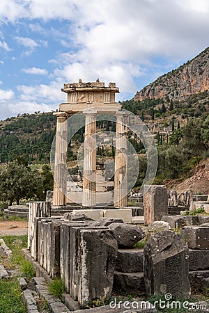 View of the Tholos of Delphi in the Sanctuary of Athena Pronaia in Delphi Editorial Stock Photo
