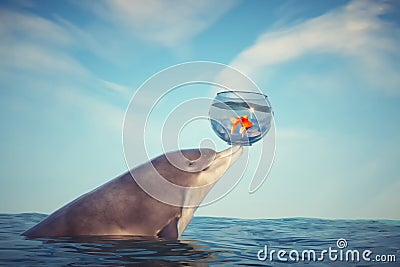Delphin holds up a fish bowl out of the ocean Cartoon Illustration