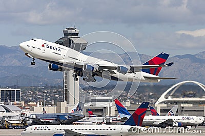 Delta Air Lines Boeing 747 Jumbo Jet taking off from Los Angeles International Airport. Editorial Stock Photo