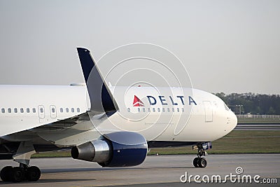 Delta Airlines taxiing in Frankfurt Airport, FRA. Close-up view of cabin crew Editorial Stock Photo