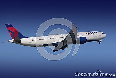 Delta on the blue sky, Schiphol Amsterdam, takeoff Editorial Stock Photo