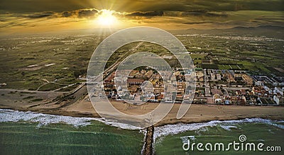 Delta del Ebro Ebre on sunset light in Deltebre from drone of Tarragona Editorial Stock Photo