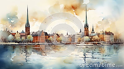 Delta Of Sweden: Dreamlike Watercolor Illustration Of Stockholm Cartoon Illustration