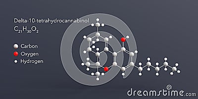 delta-10-tetrahydrocannabinol molecule 3d rendering, flat molecular structure with chemical formula and atoms color coding Stock Photo