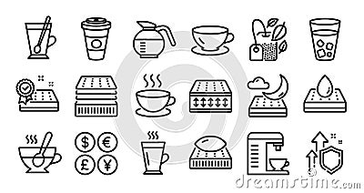 Deluxe mattress, Coffee machine and Waterproof mattress line icons set. Vector Vector Illustration