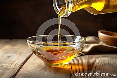 The Art of Cooking: Pouring Cooking Oil from a Jug into a Bowl on a Wooden Table Stock Photo