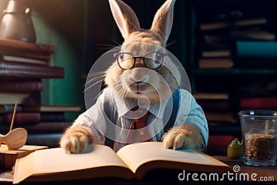 Intellectual Hare: Bunny Scholar Lost in Tiny Worlds Stock Photo