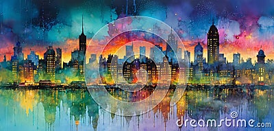 Rainy Cityscape Glow. Urban Skyline Art Stock Photo