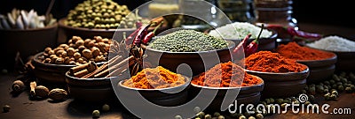 Vibrant color different food spices on dishes Stock Photo