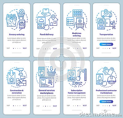 On demand economy onboarding mobile app page screen vector templates set. Commercial services industry walkthrough Vector Illustration