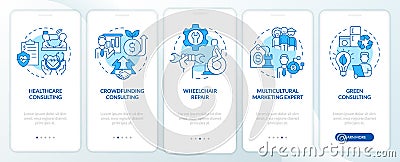 In demand small business types blue onboarding mobile app screen Vector Illustration