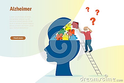 Dementia Alzheimer diseases, memory and brain loss. Elderly man find his missing memories in jigsaw puzzle on human head. Mental Vector Illustration