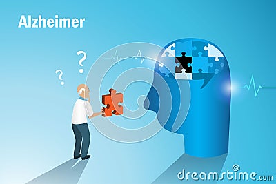 Dementia Alzheimer diseases, memory and brain loss. Elderly man hold jigsaw missing piece, lost his memories in brain. World Vector Illustration