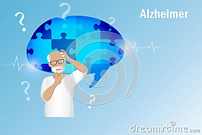 Dementia Alzheimer diseases, memory and brain loss. Elderly man lost his brain jigsaw puzzle memories. World Alzheimer day, Stock Photo