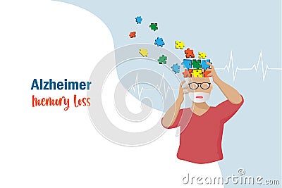 Dementia Alzheimer diseases, memory and brain loss. Elderly man lost his memories in jigsaw puzzle pieces on head. Alzheimer Vector Illustration