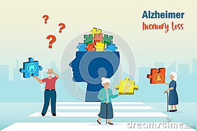 Dementia Alzheimer diseases, memory and brain loss. Elderly man and woman find missing memories in jigsaw puzzle on human head. Vector Illustration