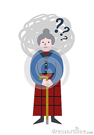 Dementia concept with memory loss of old woman. Gray haired grabby staying confused. Vector Illustration