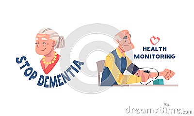Dementia disease prevention tips set. Health monitoring cartoon vector illustration Vector Illustration