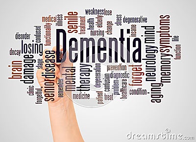 Dementia word cloud and hand with marker concept Stock Photo