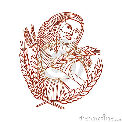 Demeter Goddess of Harvest Mono Line Cartoon Illustration