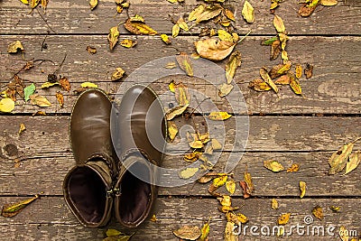 Demi-season shoes on autumn wooden vintage background Stock Photo