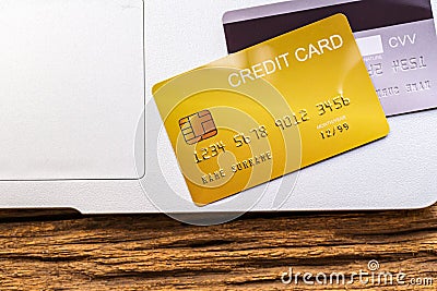 Demo credit card payment online on notebook or laptop background. Stock Photo