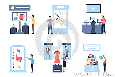 Demo promotional exhibit scenes. Product show, retail expo event. Display computer samples on exhibition, flat promo Vector Illustration