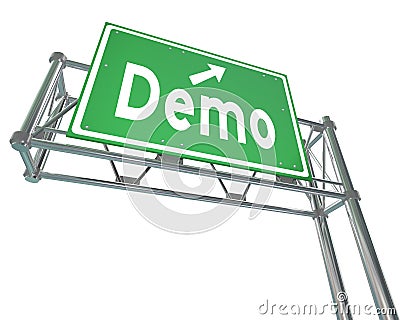 Demo Word Green Freeway Sign Product Demonstration Free Trial Stock Photo
