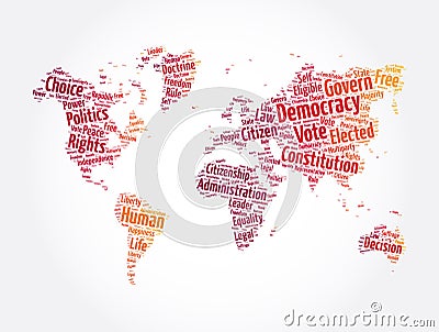 Democracy word cloud in shape of world map, concept background Stock Photo