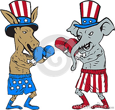 Democrat Donkey Boxer and Republican Elephant Mascot Cartoon Editorial Stock Photo